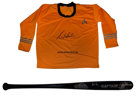 Lot of (2) William Shatner Signed Star Trek Custom Uniform Shirt & Commemorative Bat (PSA/DNA & JSA)